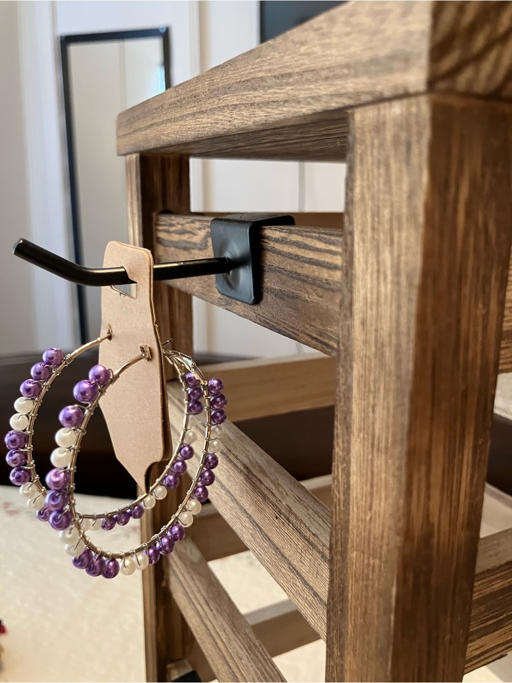 Handcrafted Silver Accent Hooped Earrings with lavender and white pearl beads